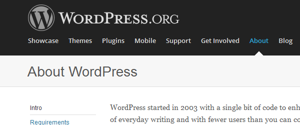 WordPress.org about webpage screen.