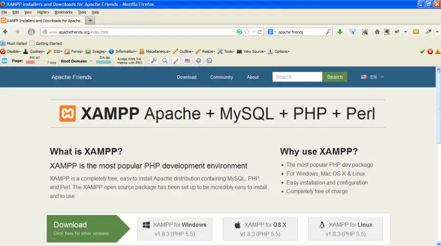 Screenshot of Apache Friends XAMPP site for your WordPress test server
