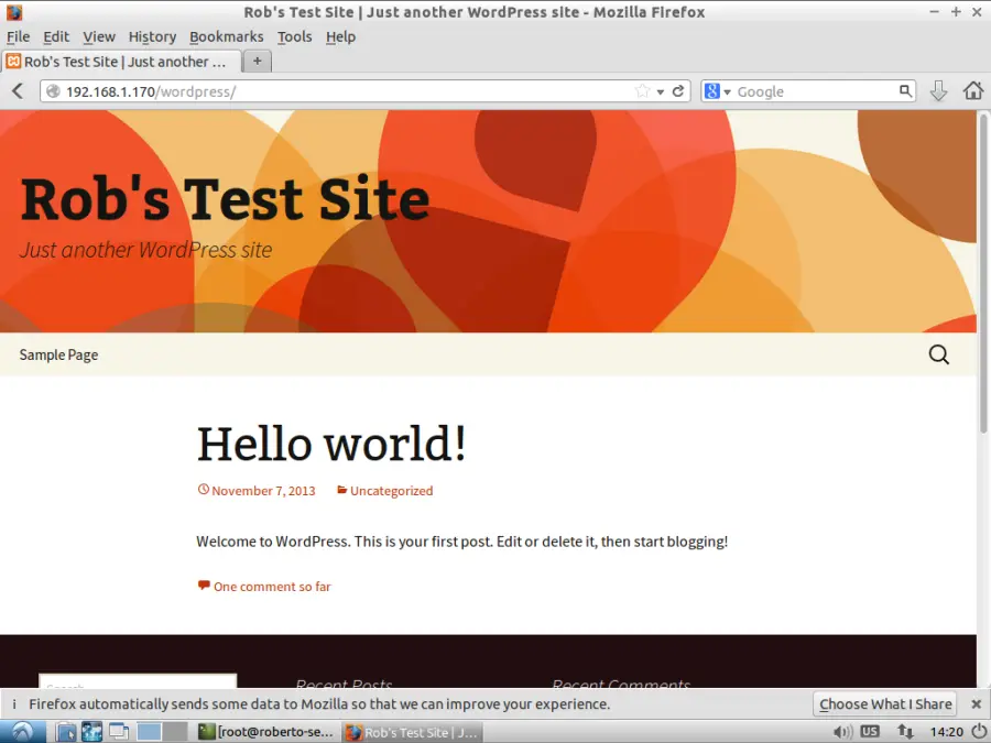 Screenshot of freshly installed Linux WordPress test server showing the built-in Twenty Thirteen theme.