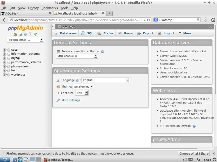 Screenshot of phpmyadmin on localhost for your Linux WordPress test server.