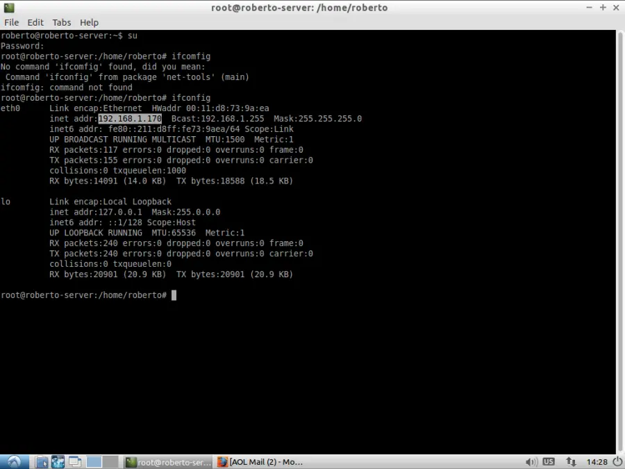 Screenshot of the Linux terminal showing IP address for your WordPress test server.